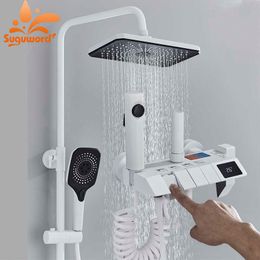 Bathroom Shower Sets Smart Digital Display Piano Keys Bathroom Shower Faucet 4 Function Wall Mount Brass Rainfall Cold Hot Water Mixer Bathing Crane G230525