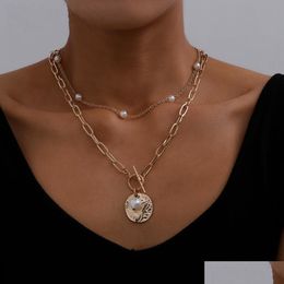 Pendant Necklaces New Layered Thick Chunky Chain Choker Necklace Jewellery For Women Punk Hip Hop Double Circle Charm Drop Delivery Pen Dhus9