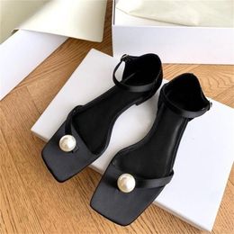Sandals Maxi Pearl Shoes For Women Flip Flops Low Heels Square Toe Black Zapatos De Mujer Femme Sandalias Sexy String Beading