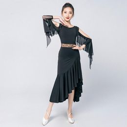 Stage Wear 2023 Off-Shoulder Ballroom Dance Dress Practise Black Ruffle Sleeve Standard Dancing Clothes Tango DL10457