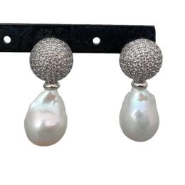 YYGEM Cubic Zirconia Pave silver charm Cultured Freshwater White Baroque Keshi Pearl Stud Earrings