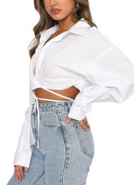 Women's Blouses Pretty And Casual Long Sleeve Tops Fashion Solid Lapel Tie-up Exposed Navel Button Cardigan Top Mujer