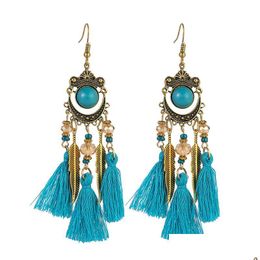 Dangle Chandelier Vintage Ethnic Long Tassel Earring Acrylic Bead Crystal Rice Beads Crescent Feather Earrings For Women Drop Deli Dhfg5