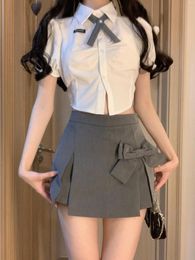 Skirts Kawaii Bow Sweet Women Korean Fashion Party Mini Skirt Suit Female White Top Grey A-line 2023 Spring Summer