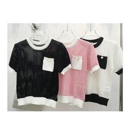 516 L 2023 Summer Sweaters Women's Pullover Sweater White Pink Striped Crew Neck Short Sleeve Brand Same Style Women's xue