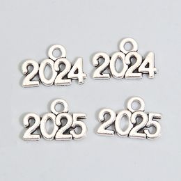 100pcs Number 2024 2025 Year Charms Letters Pendants Silver Colour For DIY Handmade Metal Alloy Jewellery Making Accessorie