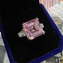 Asscher Cut 12mm Lab Pink Diamond Ring 100% Real 925 Sterling Silver Party Wedding Band Rings for Women Men Engagement Jewelry