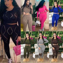 2023 Autumn Women Two Piece Pants Set Designer Wear Sexy Hollow Out Hole High Waist Tight Pants Casual Sports Suit