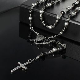 Pendant Necklaces 8mm Ball Black Stainless Steel JESUS Cross Rosary Necklace 30'' 5.5'' For XMAS Gifts