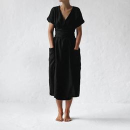 Casual Dresses Solid V-neck Short Sleeve Dress Sexy For Women Plus Size Pocket Split Hem Strap 2023 Clothes