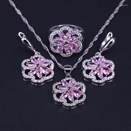 Necklace Earrings Set Romantic Cherry Blossoms Princess Pink Silver Color Jewelry For Women Drop Ring Bridal