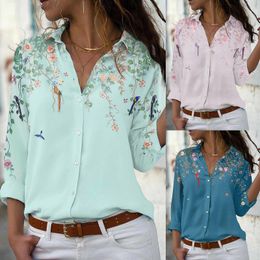 Women's Blouses Summer Shirts & Woman 2023 Floral Print Button Down Roll Up Sleeve V Neck Elegant Feminine