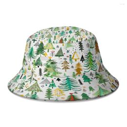 Berets Pines And Spruces Forest Christmas Trees Decorations Pattern Red Bucket Hat Students Foldable Bob Fisherman Hats Panama Cap