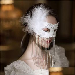 Party Mask Mj0017 Masked Ball White Feather Lace Princess Eye Half Face Y Goddess Rhinestone Tassel Drop Delivery Events Supp Dh3Hw
