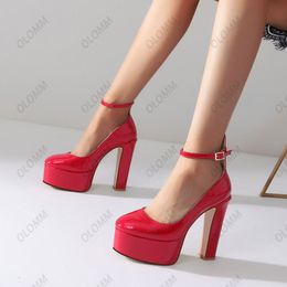Olomm New Arrival Women Platform Pumps Patent Chunky Heels Round Toe Gorgeous Nude Green Pink Party Shoes Women US Size 5-10.5