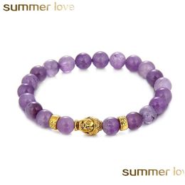 Beaded Fashion Summer Love Bracelets Gold Plated Buddha Head Charm With Amethyst Natural Stone Beads Bracelet For Men Women Jewelr D Dhbjl