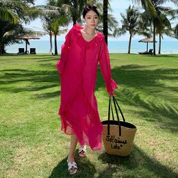 Casual Dresses Sanya Tourism Summer Korean Versionedition Mei Red Ruffled Women Long Sleeve Is Prevented Bask In Chiffon Dress