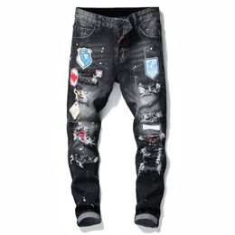 Jeans firmati da uomo per uomo Uomo Badge Straps Stretch Fashion Jeans neri Moda uomo Slim Luxury Designer Jeans da uomo Slim Fit Elastico Ricamo Pantaloni jeans uomo