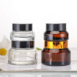 15g 30g 50g Amber Brown Glass Cream Jar Empty Container Refillable Cosmetic Bottle with White Inner Liners and Black Gold Lids