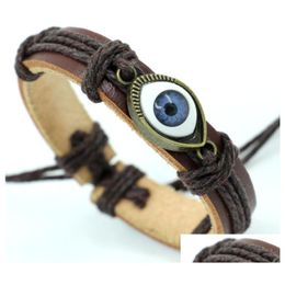 Charm Bracelets Evil Eye Braided Bracelet Genuine Leather Men Bangle Uni Adjustable Black Brown Color Vintage Fashion Jewelry Gift D Dhxz9