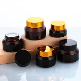 15g 30g 50g Amber Glass Jars Empty Container Refillable Cosmetic Bottle with White Inner Liners and Black Gold Lids