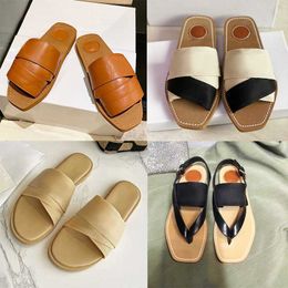 Women Sandals Designer Woody Flat Sandal Lettering Slippers Calfskin Canvas Cross Straps Shoes Summer Beach Flip Flops Outdoor Leathers Sole Slides With Box NO290