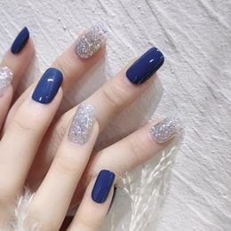 False Nails Shiny Sequins Decor Blue Color Simple Art Design Short Full Cover Press On Finger Fingernails Finished NailsFalse