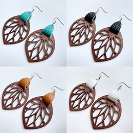 Genuine Leather Wrap Cutout Wood Leaf Drop Earrings for Women 2021 Original Design Wooden Jewelry Wholesale