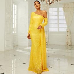 Casual Dresses Women Spring Sexy Diagonal Collar Off Shoulder Backless Sparkly Sequins Luxury Maxi Evening Party Dress Yellow