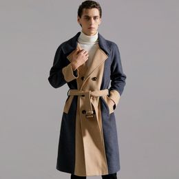 Men's Wool & Blends 2023 Autumn And Winter Long Sleeve Color-Blocking Coat Male Business Causal Double Breasted Woollen Trench