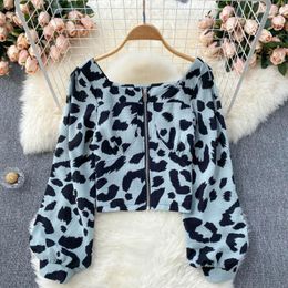 Women's Jackets ZVAQS Short Jacket Woman Spring 2023 Blue Brown Leopard Print Coat Women Clothes Chic Vintage Puff Sleeve Top Outwear Veste