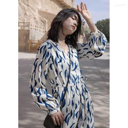 Casual Dresses Crossover V Neck Shirt Long Sleeve Chiffon Blouson Women Comfort Apparel Vestido Boho Pattern Dress