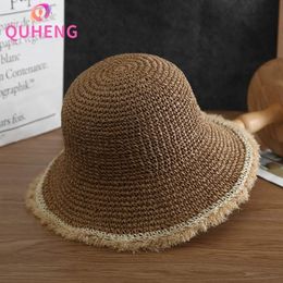 Wide Brim Hats QUHENG Woven Straw Hat Ladies Raffia Raw Edge Outdoor Sunshade Beach Sun For Woman Foldable Z144