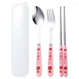 Dinnerware Sets Stainless Steel Cutlery Set Portable Tableware Reusable Strawberry Print Chopsticks Spoon Fork With Case