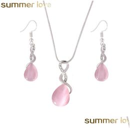 Earrings Necklace Design Pink Opal And Ring Jewelry Set Natural Gem Stone Water Drop Earring For Women Delivery Sets Dhfmu