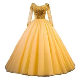 Quinceanera Dresses Princess Long Sleeve Sequins Beading Scoop Ball Gown with Tulle Lace-up Plus Size Sweet 16 Debutante Party Birthday Vestidos De 15 Anos 130