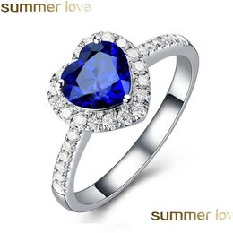 Band Rings Blue Austrian Crystal Heart Love For Women Clear Rhinestone Romantic Wedding Jewelry Party Wholesale Drop Delivery Ring Dh5Bg