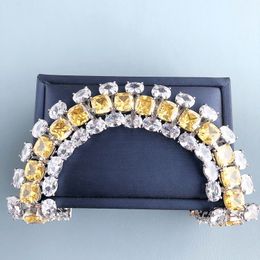 Designer Collection Fashion Elegant Women Lady Wide Chain Bracelet Inlay White Oval Yellow Square Diamond Plated Gold Colour High-end Jewellery