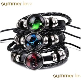 Other Bracelets New Arrival 12 Constellations Luminous Bracelet Punk Black Leather Zodiac Alloy Bead Snap Buttons Charm Jewellery For Dhuk9