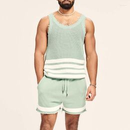Men's Tracksuits Vintage Knit Sets Men Two Piece Outfits Streetwear Summer Fashion Ripped Tank Tops And Shorts Suits Casual 2Pc Clothing