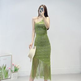 Casual Dresses New s-andro Fruit Green Oblique Shoulder Short Knitted Strap Tassel Half Dress Two Piece Set