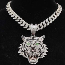 Men Women Hip Hop Tiger Pendant Necklace with 13mm Crystal Cuban Chain HipHop Iced Out Bling Necklaces Fashion Charm Jewelry