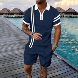 Men's Tracksuits 2023 Fashion Men Polo Shirt Set Lapel Striped Printed Zipper T-shirt Summer Daily Wear