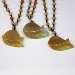Pendant Necklaces Natural Agates Fish Hand-carved Goldfish Chalcedony Necklace With Lanyard Fine Jades Jewelry Female