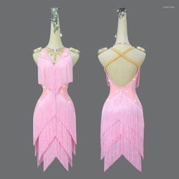 Stage Wear Pink Professional Latin Dance Competition Costume Adult Women Ballroom Fringe Dress Practise Line Suit Female Clothes Girls