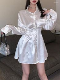 Casual Dresses Deeptown Korean Style White Mini Satin Shirt Dress Women Office Lady Elegant Chic Sensual Sexy Long Sleeve Tunic Silk