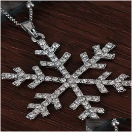Pendant Necklaces Fashion Rhinestone Snowflake Long Chian Sweater Chain Double Layers Snow Necklace For Women Christmas Gift Drop De Dhik8