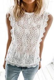 Women's Tanks White Crew Neck Scalloped Trim Lace Tank Tops For Women Summer Casual Hollow Out Top
