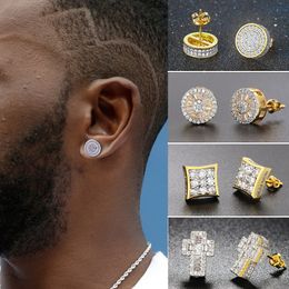 Rock Hip Hop Iced Out Stud Earring for Men Male Ice Studded Zircon Gold Colour Piercing Ear Accessories Hiphop Trend Jewellery