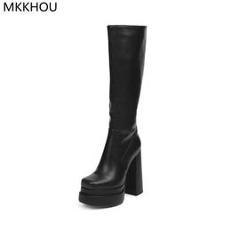 Boots MKKHOU Fashion Knee-Length Women Winter Square Toe Double-Layer Thick-Soled 14cm High Heels All-match